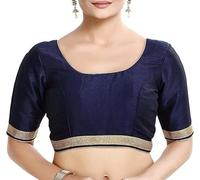 The India's Store Indian Women's Silk Stitched Half Sleeve Saree Blouse Top Dupion Readymade Ethnic Tunic Sari Choli Round Neck Navy Blue
