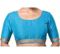The India's Store Indian Women's Silk Stitched Half Sleeve Saree Blouse Top Dupion Readymade Ethnic Tunic Sari Choli Round Neck Sky Blue