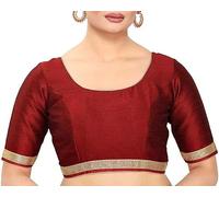 The India's Store Indian Women's Silk Stitched Half Sleeve Saree Blouse Top Dupion Readymade Ethnic Tunic Sari Choli Round Neck Maroon