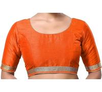 The India's Store Indian Women's Silk Stitched Half Sleeve Saree Blouse Top Dupion Readymade Ethnic Tunic Sari Choli Round Neck Orange