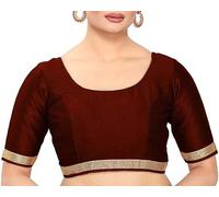 The India's Store Indian Women's Silk Stitched Half Sleeve Saree Blouse Top Dupion Readymade Ethnic Tunic Sari Choli Round Neck Brown