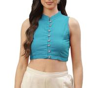 The India's Store Indian Women's Stylist Cotton Blouse for Women Stitched Bollywood Saree Blouse Top Collar Wear Sleeveless Front Open Sari Choli Sky Blue