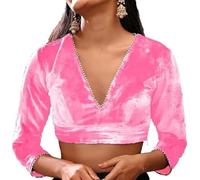 The India's Store Indian Women's Stylist Velvet Saree Blouse Stitched, Sari Choli/Top V-Neck, 3/4 Sleeve with Gotta Patti Baby Pink