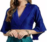 The India's Store Stitched Saree Blouse for Women Indian Dupion Silk Top Readymade Bollywood Sari Choli Collar Neck, Half Sleeve, Side Open with Zipper Royal Blue