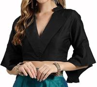 The India's Store Stitched Saree Blouse for Women Indian Dupion Silk Top Readymade Bollywood Sari Choli Collar Neck, Half Sleeve, Side Open with Zipper Black