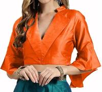 The India's Store Stitched Saree Blouse for Women Indian Dupion Silk Top Readymade Bollywood Sari Choli Collar Neck, Half Sleeve, Side Open with Zipper Orange