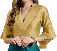 The India's Store Stitched Saree Blouse for Women Indian Dupion Silk Top Readymade Bollywood Sari Choli Collar Neck, Half Sleeve, Side Open with Zipper Beige