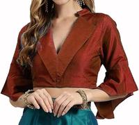 The India's Store Stitched Saree Blouse for Women Indian Dupion Silk Top Readymade Bollywood Sari Choli Collar Neck, Half Sleeve, Side Open with Zipper Brown