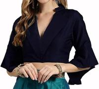 The India's Store Stitched Saree Blouse for Women Indian Dupion Silk Top Readymade Bollywood Sari Choli Collar Neck, Half Sleeve, Side Open with Zipper Navy Blue