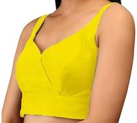 The India's Store Women's Stitched Saree Blouse Indian Women Dupion Silk Top Readymade Bollywood Sari Choli V-Neck Line, Sleeveless, Side Open with Zipper Yellow