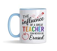The Influence of a Great Teacher Can Never Be Erased, Inspirational Gift, Coloured Rim Mug, Coffee, Tea Mug. (Light Blue Rim)