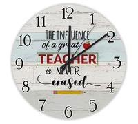 The Influence of A Great Teacher Is Never Erased Funny Teacher Wall Clock Quote Sayings Wood Clock 15 Inch Silent Non-Ticking Wooden Wall Clocks Battery Operated Living Room Bedroom Farmhouse Decor