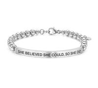 THE INSPIRATION CO. She Believed She Could So She Did Bracelet - Silver Gemstone Beaded Bracelet with Engraved 403 Stainless Steel Bar - Inspirational Stretch Jewelry Gift with Message Card