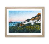 The Island Of Rhodes In Greece Painting Modern Art Framed Wall Art Print, Ready to Hang Picture for Living Room Bedroom Home Office Décor, Oak A4 (34 x 25 cm)