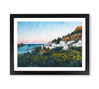 The Island Of Rhodes In Greece Painting Modern Art Framed Wall Art Print, Ready to Hang Picture for Living Room Bedroom Home Office Décor, Black A2 (64 x 46 cm)