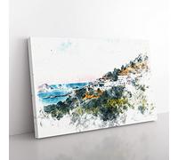 The Island Of Rhodes In Greece Watercolour Modern Canvas Wall Art Print Ready to Hang, Framed Picture for Living Room Bedroom Home Office Décor, 76x50 cm (30x20 Inch)
