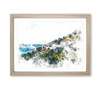 The Island Of Rhodes In Greece Watercolour Modern Framed Wall Art Print, Ready to Hang Picture for Living Room Bedroom Home Office Décor, Oak A2 (64 x 46 cm)