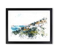 The Island Of Rhodes In Greece Watercolour Modern Framed Wall Art Print, Ready to Hang Picture for Living Room Bedroom Home Office Décor, Black A3 (46 x 34 cm)