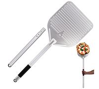 The Italian Kitchen 13" Perforated Pizza Peel With Extended Adjustable Handle 45.7" or 29.7" Lengths - Professional 13 x 16.7 in Metal Pizza Peel Paddle