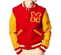 The Jasperz Thriler Red & Yellow M Logo Varsity Letterman Bomber Jacket - Wool and Faux Leather Bomber Jacket, Red&yellow, XL