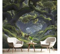 The Jungle Book Wallpaper,Dark Green Silk Wallpaper 200×150 Cm Durable Easy to Clean, Easy to Install Trees and Deer Suitable for Bedroom, Living Room, Kitchen, Bathroom Decoration