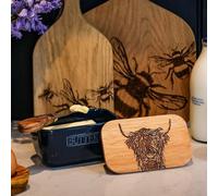 The Just Slate Company Highland Cow Oak & Ceramic Butter Dish Blue JS/SO/BD/B/HC