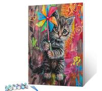 The Kitten Holding a Colorful Pinwheel Digital Painting Paint by Numbers Kit for Adults Acrylic Abstract Oil Painting Set Painting for Beginners Graffiti Style Wall Decor Gift 16X20 in (Frameless)