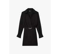 The Kooples Womens Black Chain-embellished Classic-collar Stretch-woven Mini Dress S