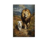 The Lamb Follows The Lion - Jesus Walks Between Predator And Prey As They Follow in Gentle Harmony Contemporary Wall Mural - Decorative Hanging Poster Art 16x24inch(40x60cm)