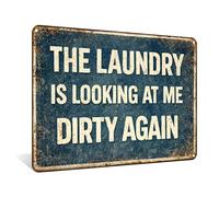 "The Laundry Is Looking At Me Dirty Again" Vintage Metal Aluminum Sign Wall Decor for Laundry Room, Bathroom, Utility Closet, Back Porch, Storage Nook - 12x8 Inches Playful Humor Decor (26013)