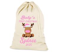 The Lazy Cow Personalised Baby First Christmas Santa Sack PINK Cotton Drawstring Gift Bag (pink)