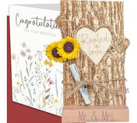 the lazy panda card company Wooden Wedding Present Gift "Rooted in Love" Mr & Mrs Stand and Handmade Paper Sunflowers - Perfect Marriage Keepsake and Money Cash Gift Wallet