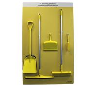 The Lean Warehouse Cleaning Station Shadow Board - 105 x 170 cm - Includes Tool Hooks, Shovel, Squeegee, Broom, Dustpan and Brush (White)