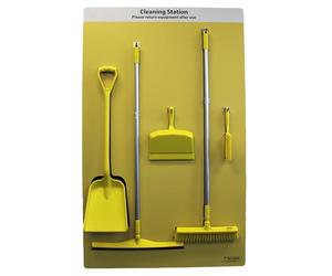 The Lean Warehouse Cleaning Station Shadow Board - 105 x 170 cm - Includes Tool Hooks, Shovel, Squeegee, Broom, Dustpan and Brush (Blue)