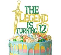 The Legend is Turning 12 Cake Topper, Master Sword Boys Girls 12th Birthday Decorations, Fantasy Video Game Kids Birthday Party Decorations Gold & Green Glitter