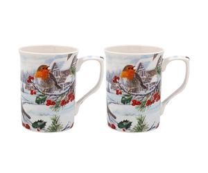 The Leonardo Collection Christmas Robins Mugs Set Of 2 for Hot Drinks | Reusable Fine China Coffee Cups for Kitchen & Home | Printed Tea Mugs for Every Occasion | Durable Cup for All Type of Beverages