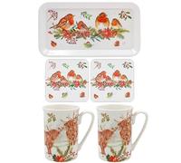 The Leonardo Collection Christmas Winter Robins 5 Piece Fine China Gift Set 2 x 300ml Mugs Plate Bowl Tray Festive Tableware Set Seasonal Gift for Women and Men