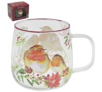 The Leonardo Collection Christmas Winter Robins By Jr Glassware Winter Robins Glass Mug 500ml for Hot & Cold Drinks | Durable Coffee Cups for Home & Office | Easy-to-Hold Coffee Mugs for Daily Use