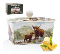 The Leonardo Collection Highland Cow Butter Dish by Macneil Studios | Decorative Porcelain Butter Keeper with Lid | Country Farmhouse Style | Hand-Illustrated Highland Cattle Design