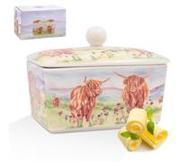 The Leonardo Collection Jennifer Rose Gallery Highland Cow Butter Dish | Fine China Butter Keeper with Lid | Rustic Kitchen Storage for Breakfast Table | Countryside Animal Design Gift For Women & Men
