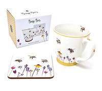 The Leonardo Collection Large Breakfast Mug & Coaster Set Busy Bees Floral Design By Jennifer Rose Gallery Tea Coffee Cup Gift, White