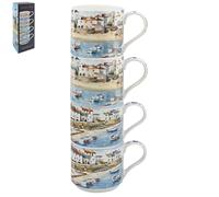 The Leonardo Collection Macneil Harbour Town Fine China Harbour Town Stacking Mugs Set of 4 x 300ml for Hot & Cold Drinks | Durable Coffee Cups for Home & Office | Easy-to-Hold Mugs for Daily Use
