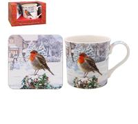 The Leonardo Collection Macneil Studios Christmas Robins Mug & Coaster for Hot Drinks | Fine China Printed Coffee Cups for Kitchen & Home | Reusable Coaster, Tea and Coffee Mugs