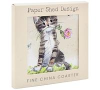 The Leonardo Collection Paper Shed Design Cat with Rose Coaster For Office Home & Kitchen | Lovely Coaster Set For Decorative Home Accessories Drinks Coasters For Tea & Coffee
