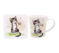 The Leonardo Collection Paper Shed Design Cat with Rose Mug with Coaster for Home & Kitchen | Stylish Ceramic Mugs for Tea & Coffee | Lovely Cup Set for Mens Gifts & Birthday Gifts for Women