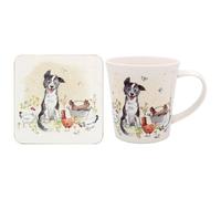 The Leonardo Collection Paper Shed Design Collie & Hens Mug with Coaster for Home & Kitchen | Stylish Ceramic Mugs for Tea & Coffee | Lovely Cup Set for Mens Gifts & Birthday Gifts for Women