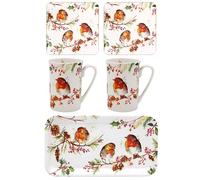 The Leonardo Collection Winter Robins 5pcs Gift Set | Dalscone Farm Themed Bundle with 2 Large Mugs, 2 Coasters and 1 Serving Tray | Festive Home and Kitchen Set for Christmas Gifting and Dining