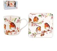The Leonardo Collection Winter Robins Mug & Coaster for Hot Drinks | Reusable Fine China Coffee Cups for Kitchen & Home | Printed Tea Mugs for Every Occasion | Durable Cup for All Types of Beverages