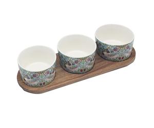 The Leonardo Collection Wm. Morris Strawberry Thief 3 Snack Bowls with Tray | 3 snack bowls, wooden serving tray