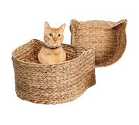 THE LICKER STORE BSK4001A-2SET Feliz Cat-Shaped Hand Woven Water Hyacinth Nesting Pet Toy Organizer Baskets, Cay Storage Box for Living Room, Natural (Set of 2)